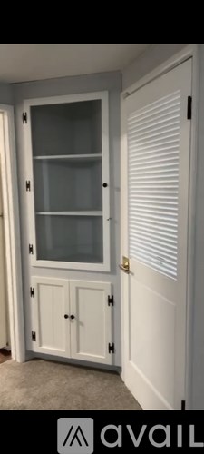 A white cabinet with glass doors and a black handle is shown.