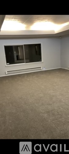 A room with a window and a carpeted floor.