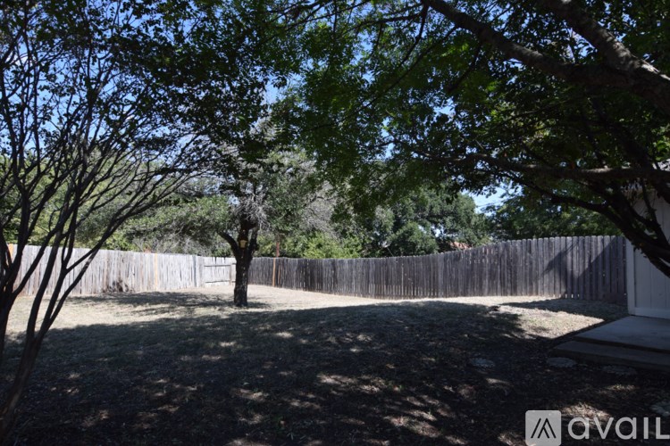 A backyard with a fence and trees.