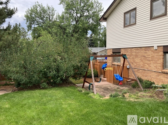 A backyard with a swing set and a tree.