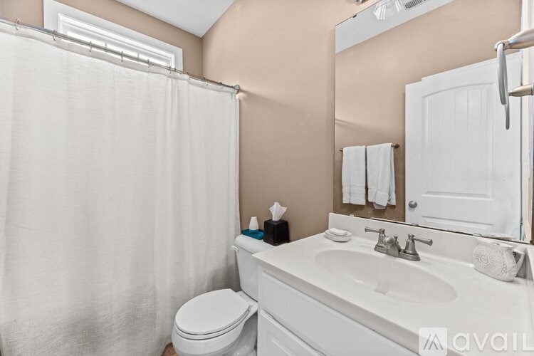 A bathroom with a white toilet, sink, and shower curtain.