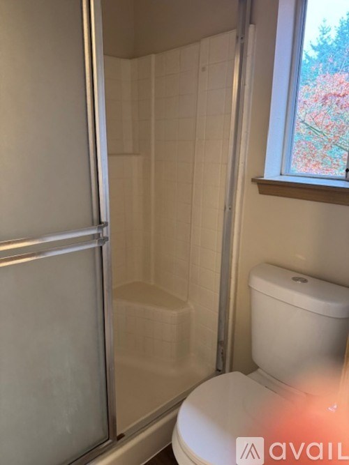 A white toilet in a bathroom with a glass shower door.