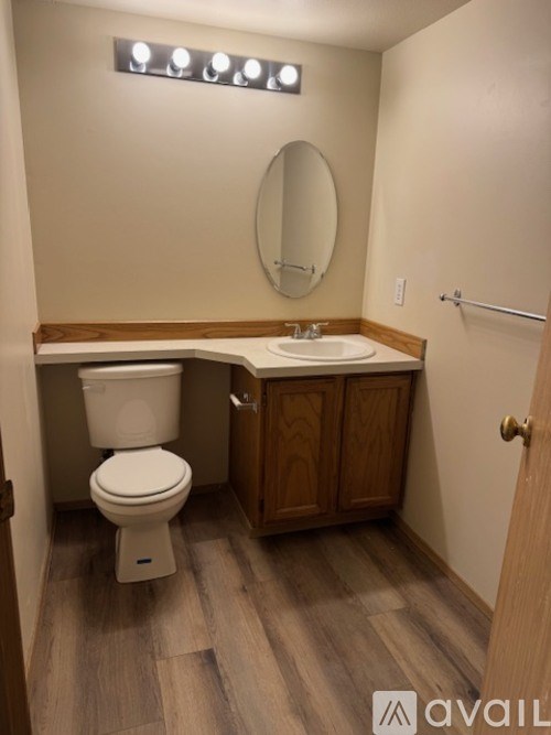 A bathroom with a toilet, sink, and mirror.