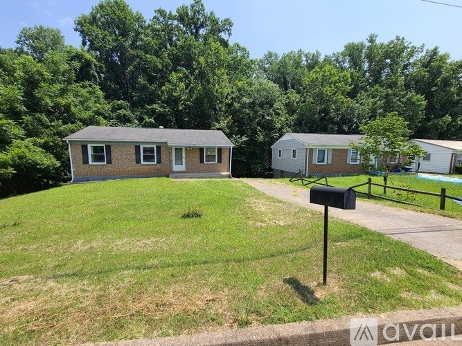 A grassy area with two houses and a mailbox.