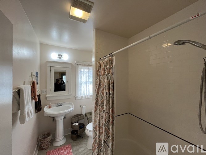 A bathroom with a white sink and a shower with a curtain.