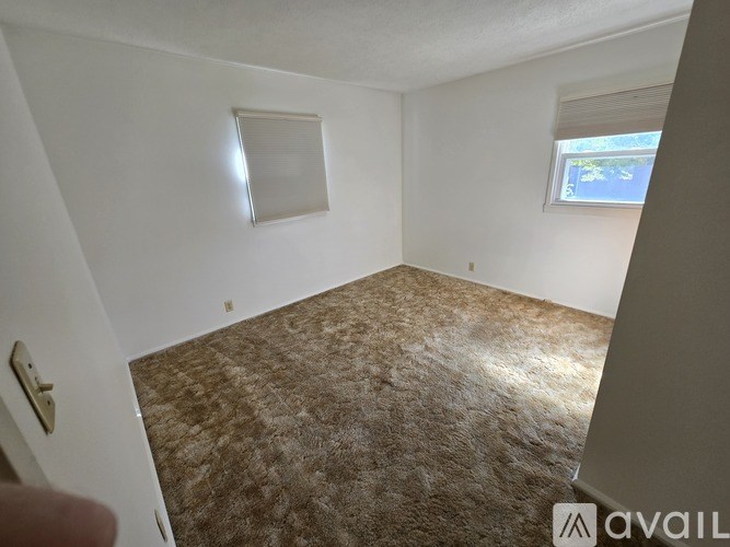 A room with a carpeted floor and two windows.