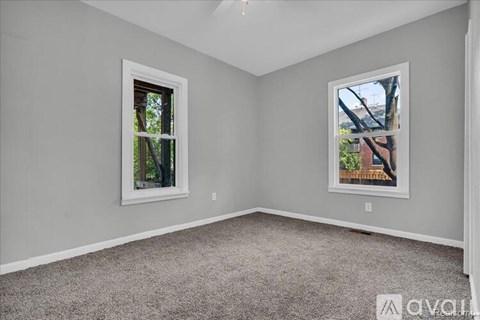 A room with two windows and a carpeted floor.