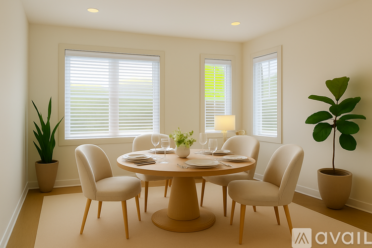 A dining room with a round table and chairs.