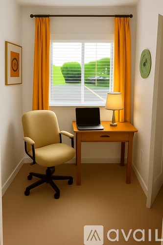 A room with a chair, desk, and a window with orange curtains.