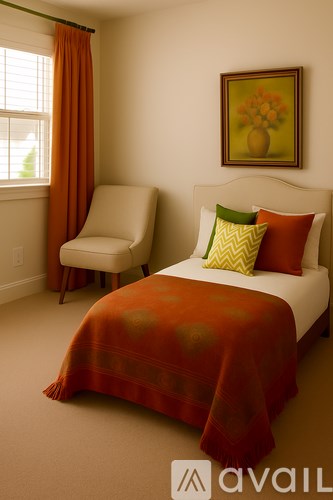 A bedroom with a bed, chair, and painting.