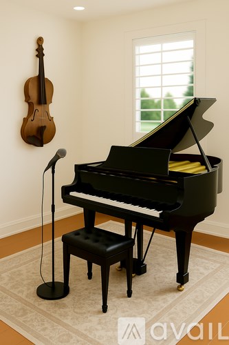 A black grand piano with a microphone and a violin hanging on the wall.