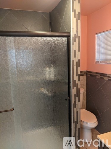 A bathroom with a toilet and a shower stall.