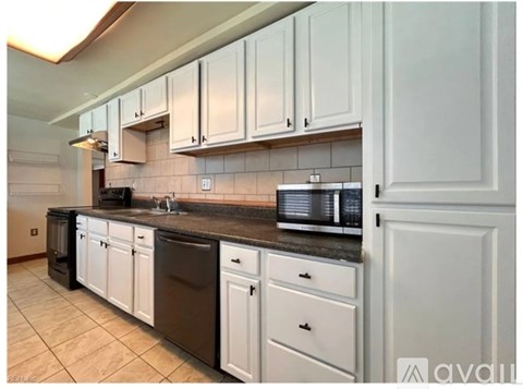 A kitchen with white cabinets and black appliances.