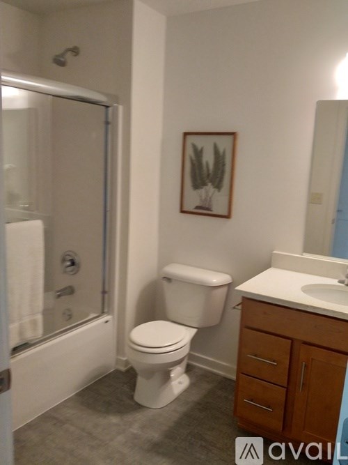 A bathroom with a toilet, sink, and shower.