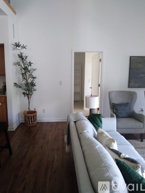 A living room with a white couch and a grey armchair.