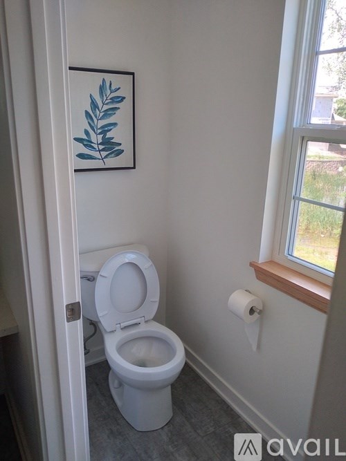 A white toilet in a bathroom with a leafy picture on the wall.