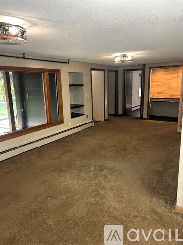 A room with a carpeted floor and a window on the left side.
