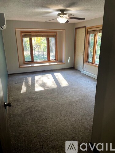 A room with a carpeted floor, a ceiling fan, and a window with sunlight shining through.