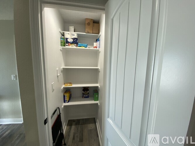 A small pantry with a door open to a hallway.