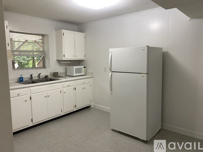 A white kitchen with a fridge, microwave, and cabinets.