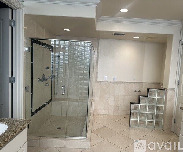 A bathroom with a walk-in shower and a sink.
