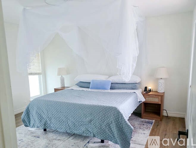 A bed with a white canopy and a blue bedspread is in the image.