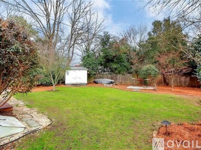A backyard with a white shed and a brown fence.