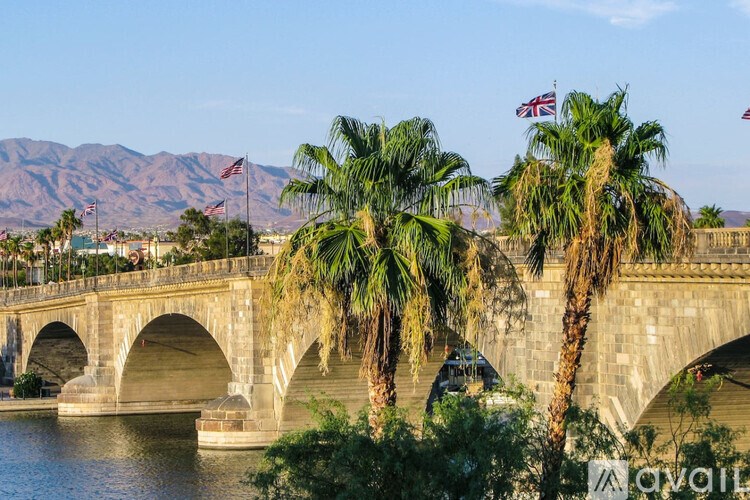 A bridge with palm trees and flags on it.