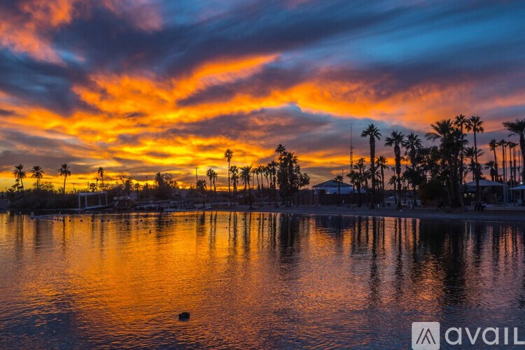 A beautiful sunset over a body of water with palm trees in the background.