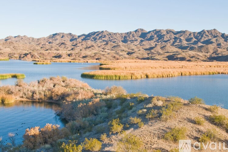 A body of water surrounded by dry grass and shrubs with mountains in the background.