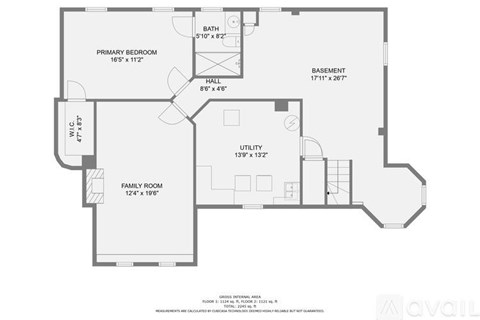 A floor plan of a house with a basement, primary bedroom, family room, and utility space.