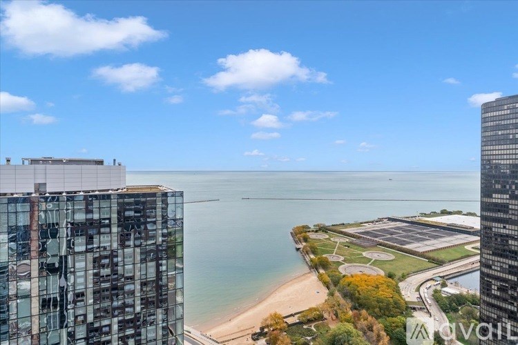 A view of a beach from a high-rise building.