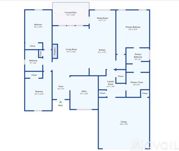 A blueprint of a house with labeled rooms such as Bedroom, Bathroom, Living Room, Kitchen, and Dining Room.