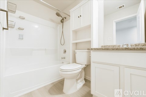 A white bathroom with a toilet, shower, and cabinets.