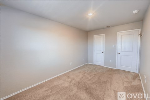 A room with two doors and carpeted floor.