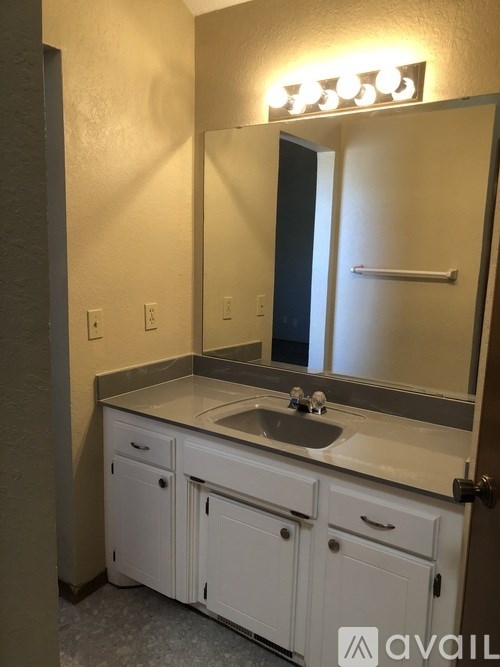 A bathroom with a sink, mirror and cabinets.