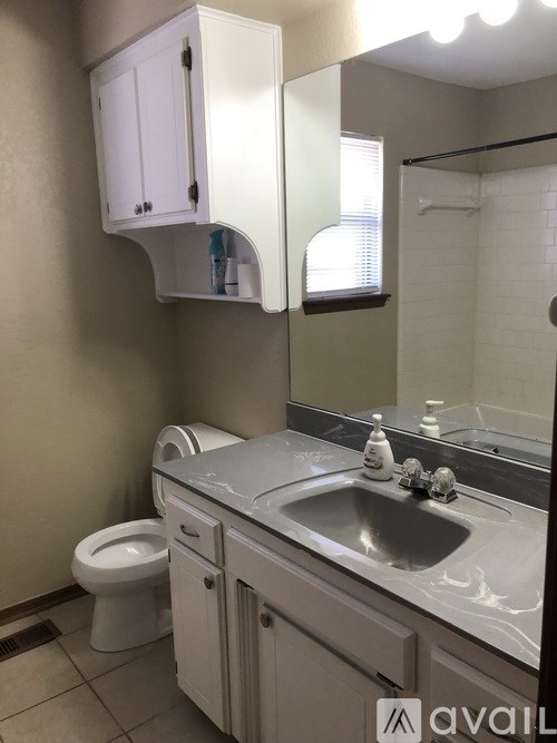 A bathroom with a toilet, sink, and mirror.