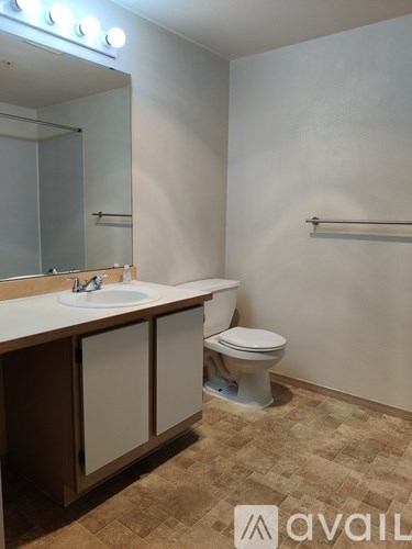 A bathroom with a sink, toilet, and mirror.