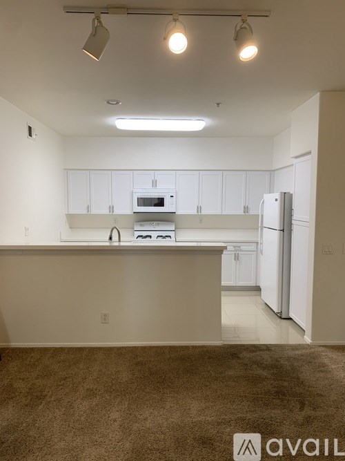 A kitchen with white cabinets and appliances, a brown carpet, and track lighting.