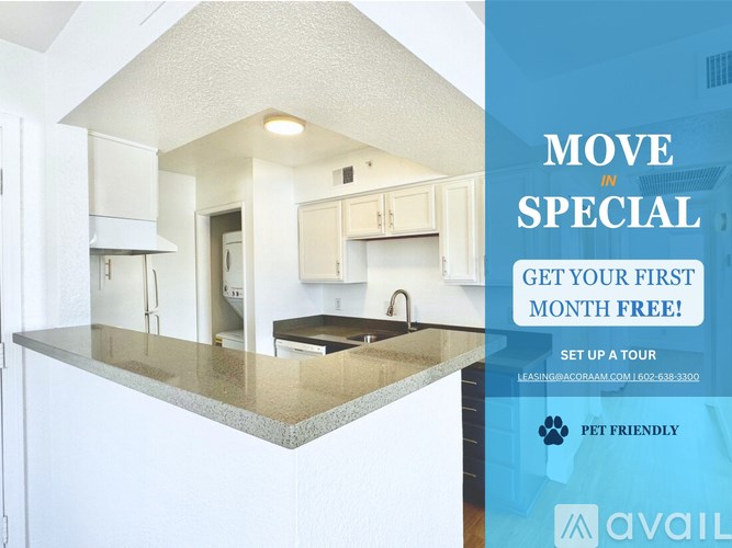 A kitchen with a countertop and cabinets is advertised for rent.