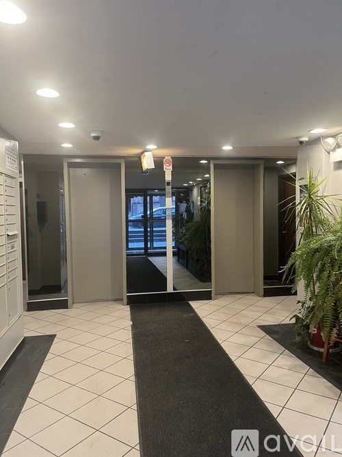 A hallway with a black and white checkered floor, a black mat, and a plant on the right side.