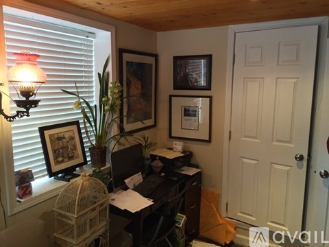 A room with a desk, a chair, a lamp, a plant, and a birdcage.