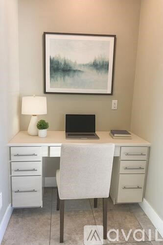 A white desk with a laptop and a plant on it.