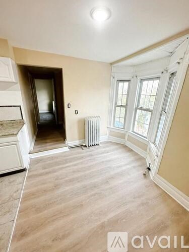 A room with a white radiator and a window with white frames.
