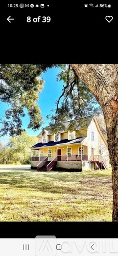 A yellow house with a red door is surrounded by trees.