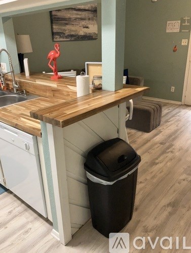 A kitchen with a wooden counter top and a black trash can.