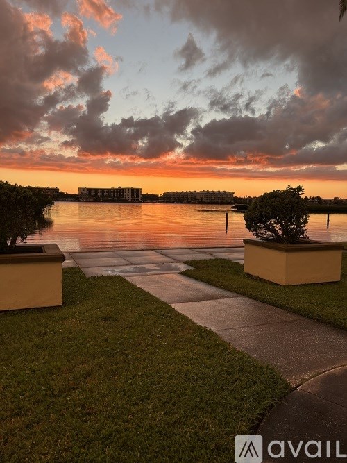 A sunset view with a building in the background and a tree in the foreground.
