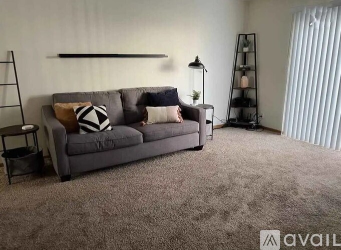 A grey sofa with a black and white pillow is in the center of a carpeted room.