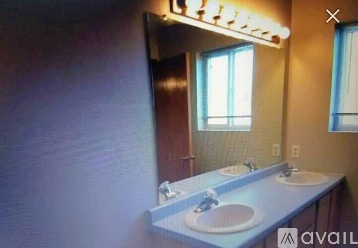 A bathroom with two sinks and a mirror.