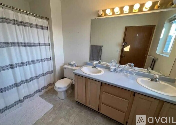 A bathroom with a toilet, sink, and shower curtain.